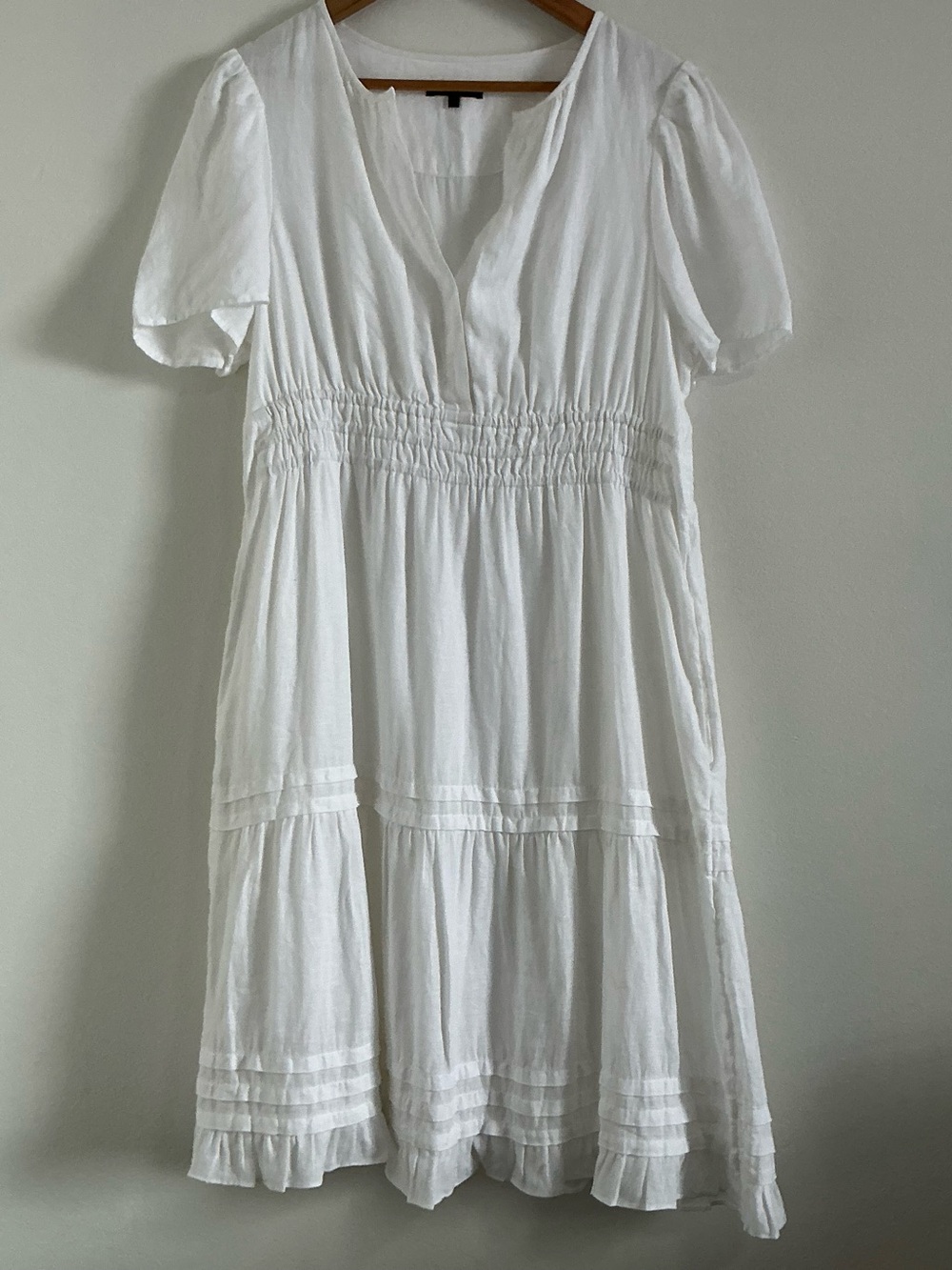 Quince White 100% Linen Smocked Tiered Midi Dress L Cottagecore Summer Boho - Picture 2 of 15